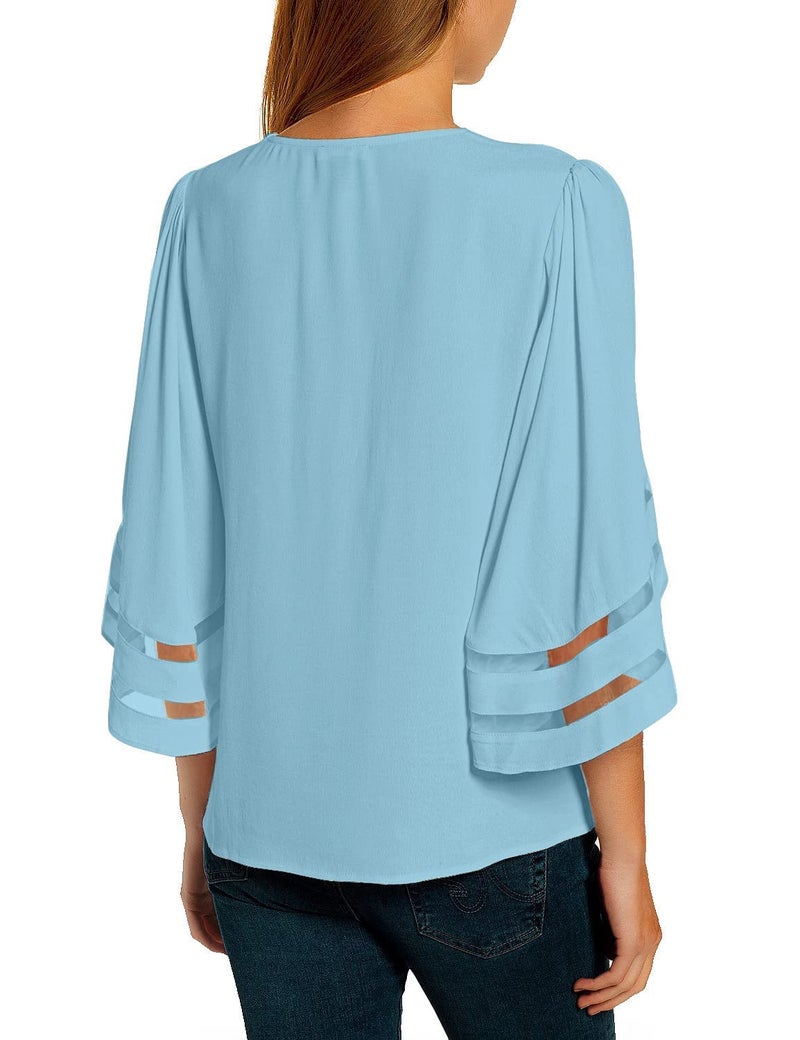 LookbookStore Women Tops for Summer 2024 Ladies Tops and Blouses Bell Sleeve Tops for Women Light Blue Tops for Women Work Business 3/4 Sleeve Tops Womens Tops Dressy Casual Going Out Tops Size L - Image 2